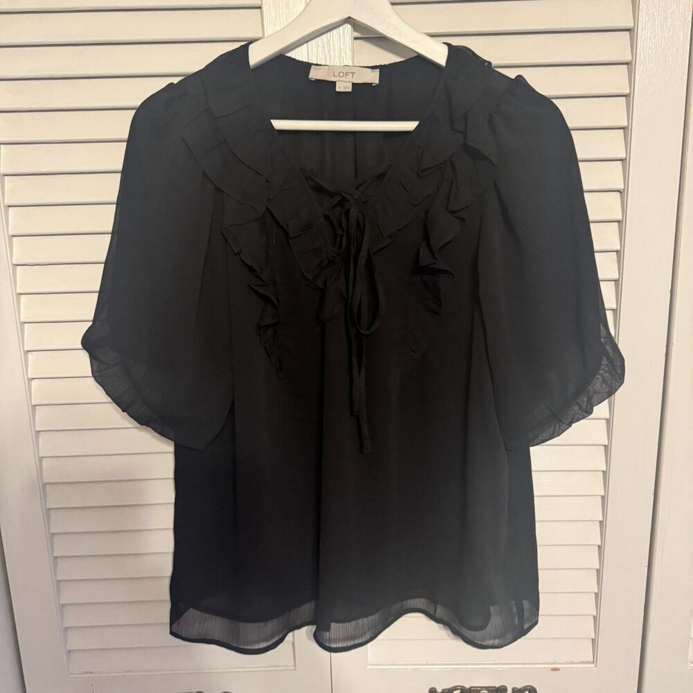 LOFT SHEER DARK‎ ACADEMIA MINIMALIST RUFFLE BLOUSE SZ M